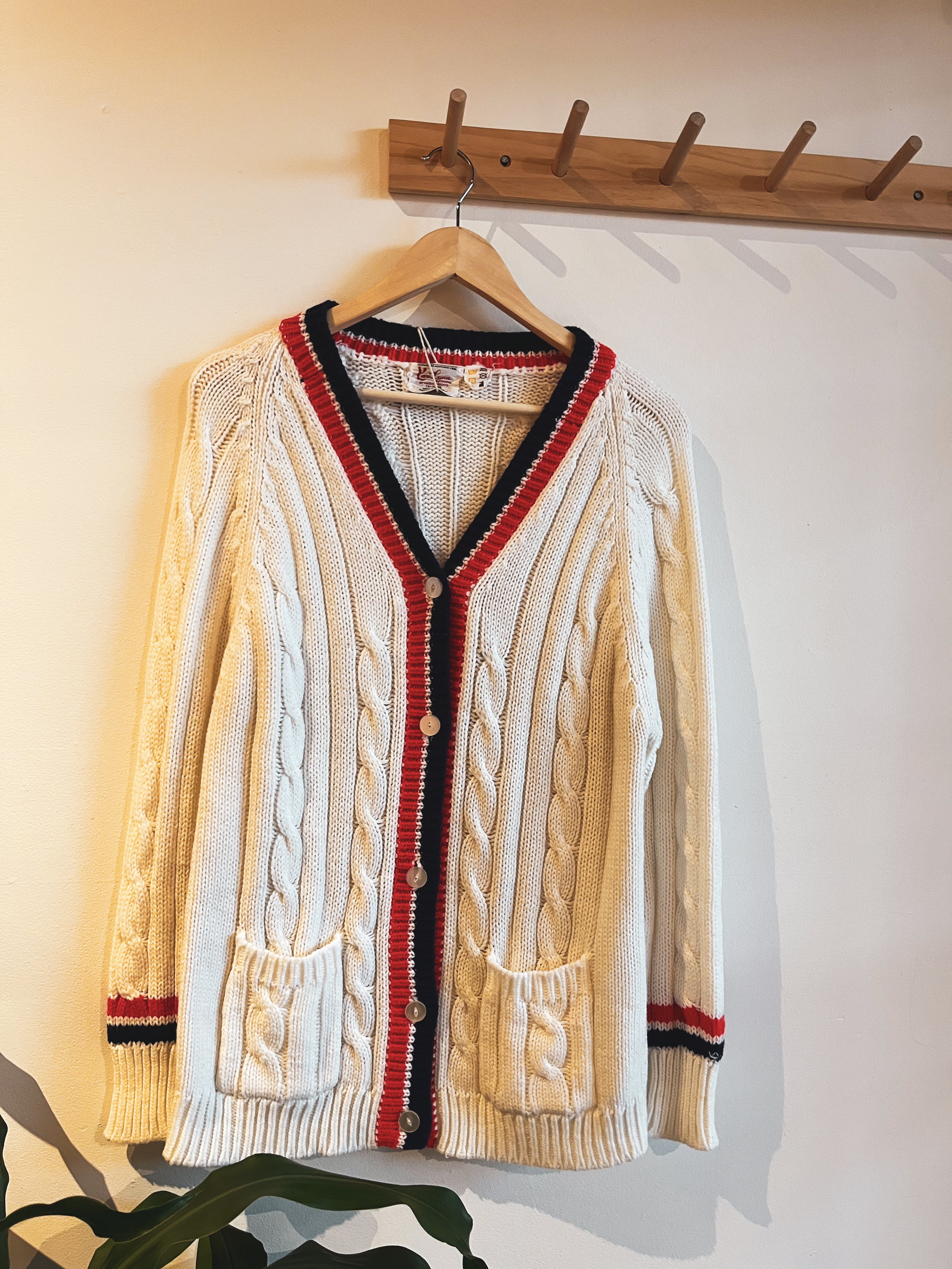 vintage navy red stripe cable knit cardigan | M/L