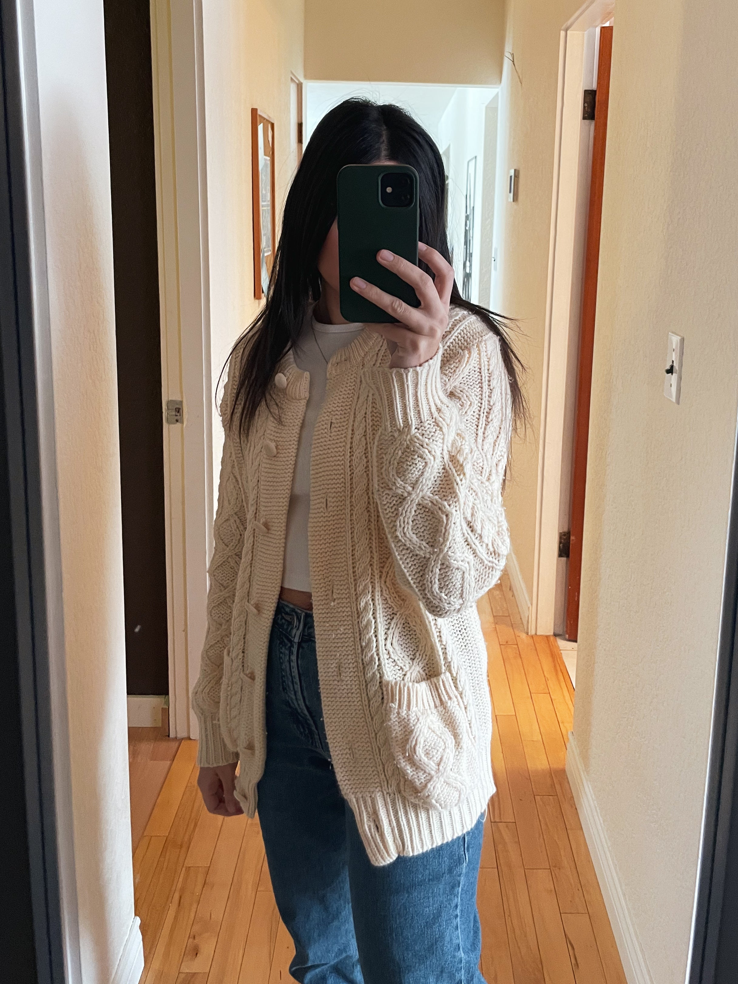 vintage cream cable knit Woodwards cardigan | L