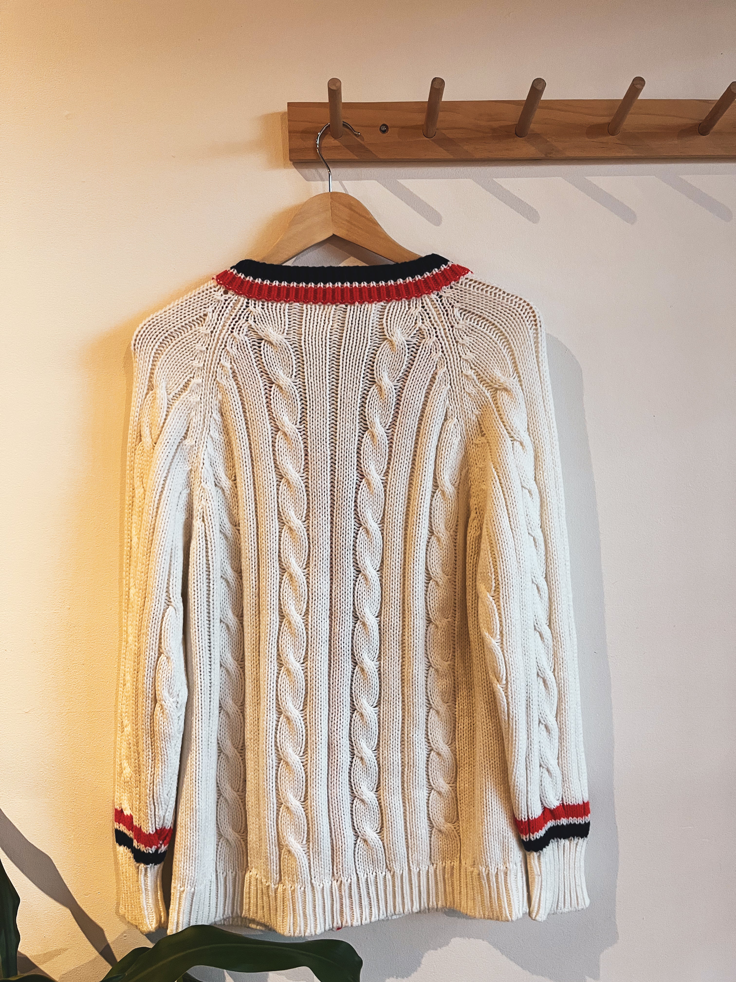 vintage navy red stripe cable knit cardigan | M/L