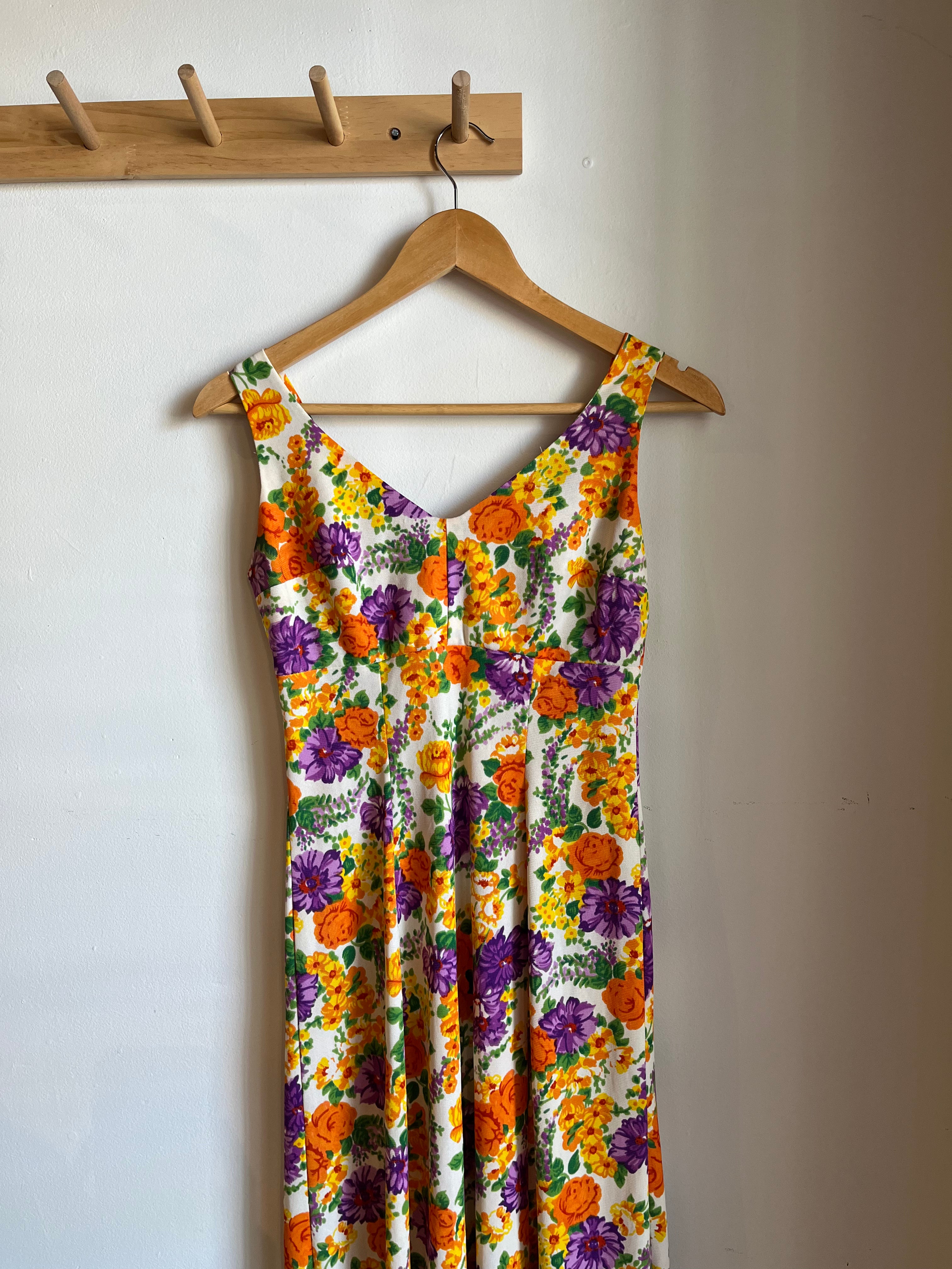vintage orange purple floral maxi dress | S