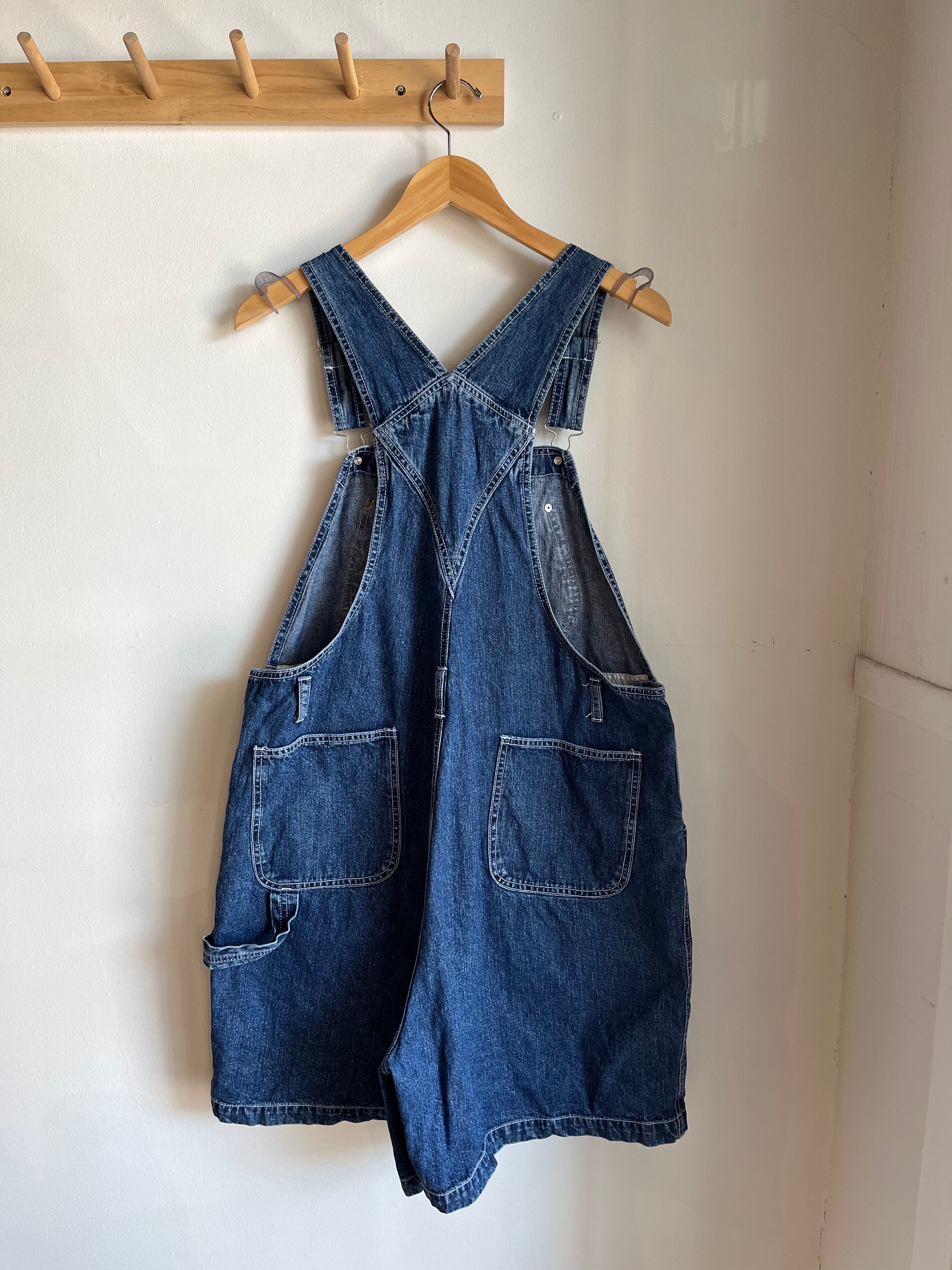 vintage dark wash short overalls w/butterflies | XL