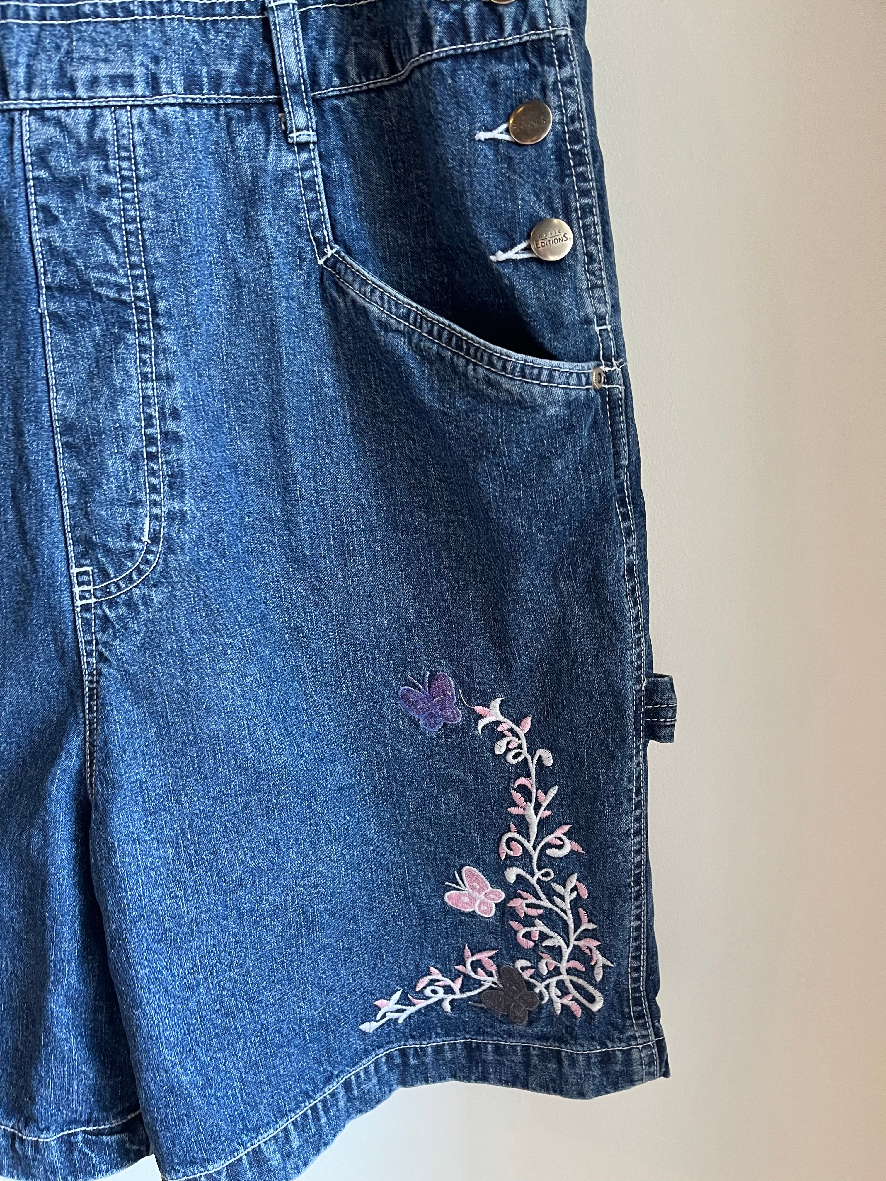 vintage dark wash short overalls w/butterflies | XL