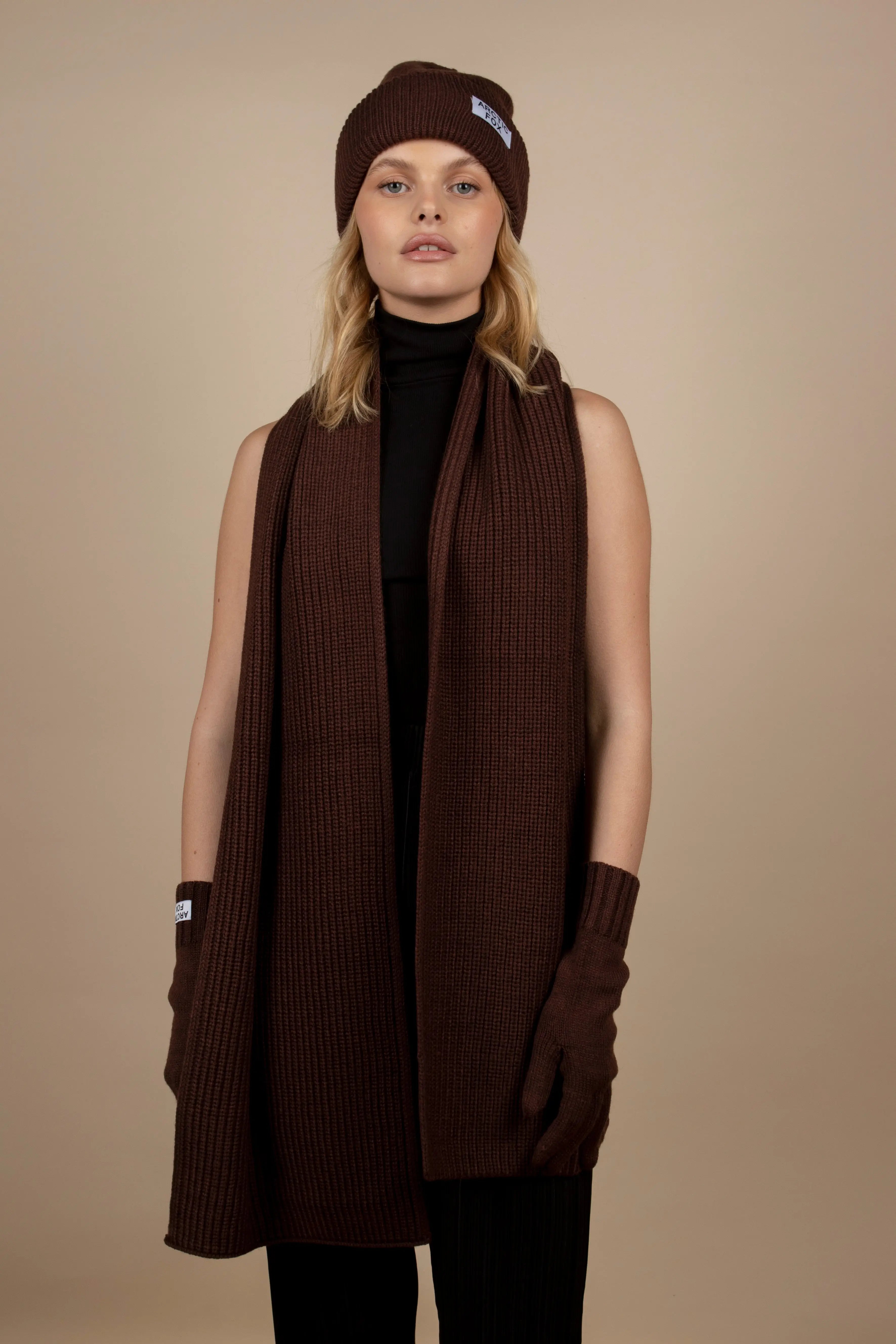 the recycled bottle scarf in chocolate by Arctic Fox & Co.