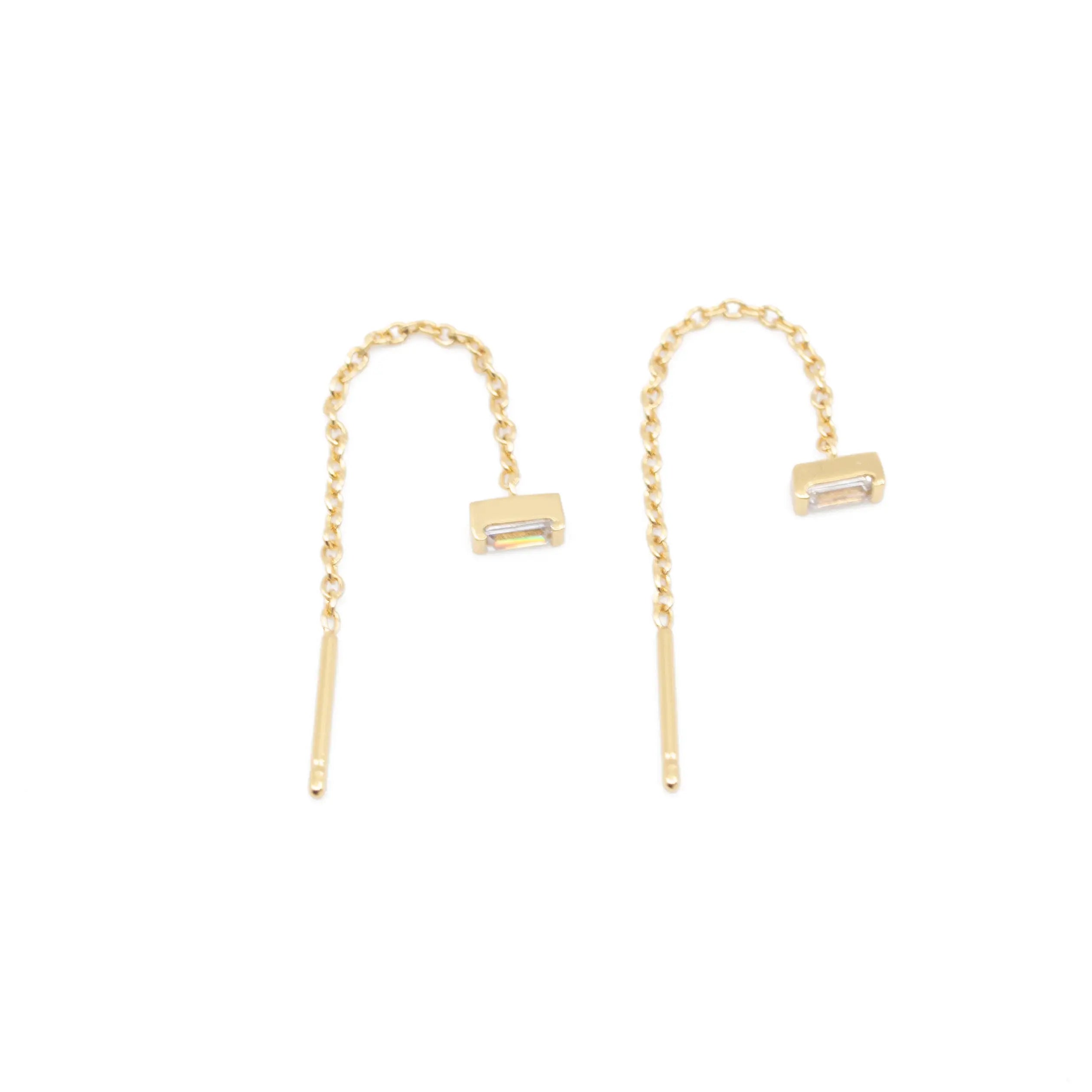 clear CZ diamond baguette threader earrings in gold by the land of salt