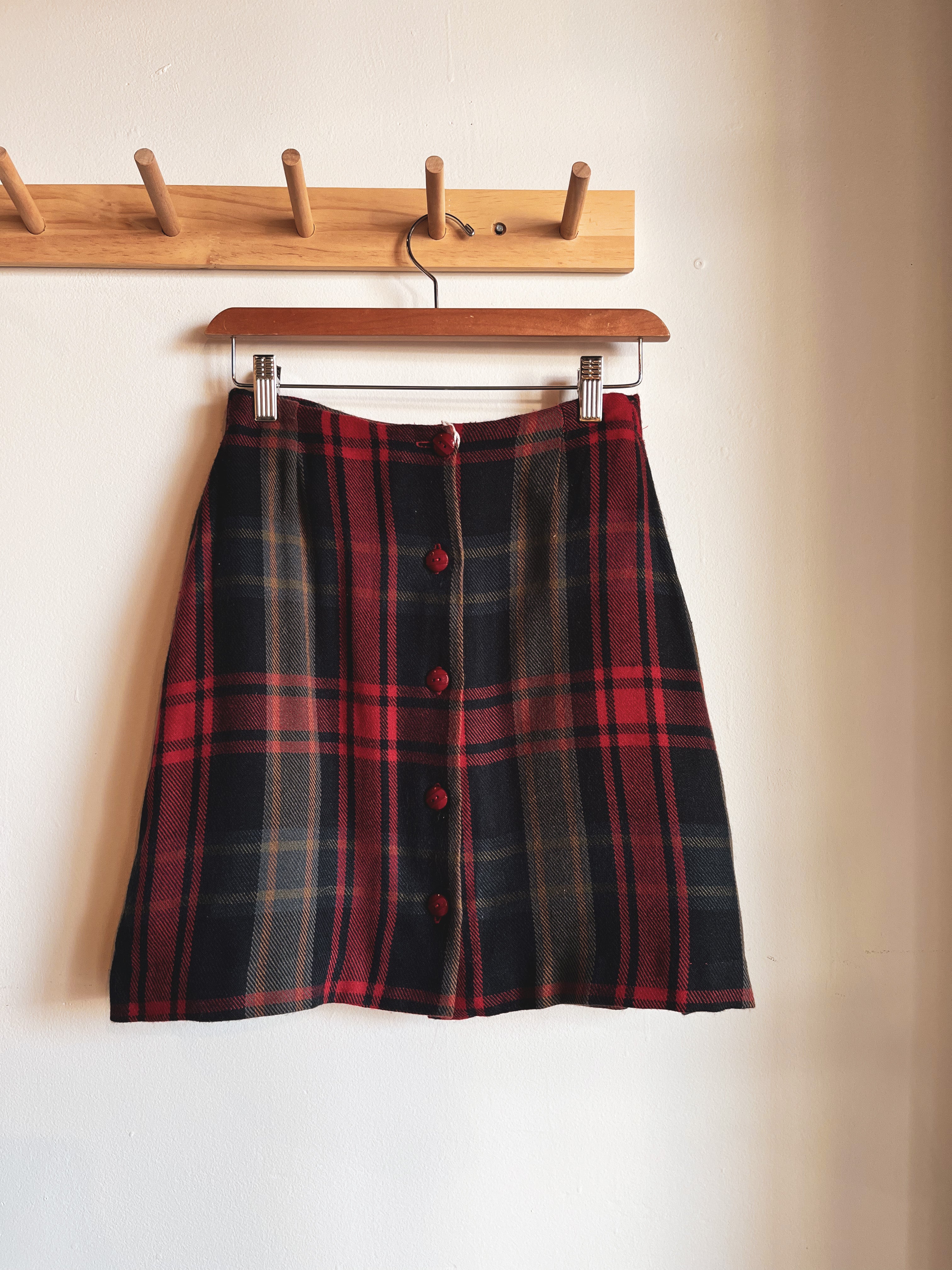 vintage red blue wool plaid mini skirt | S