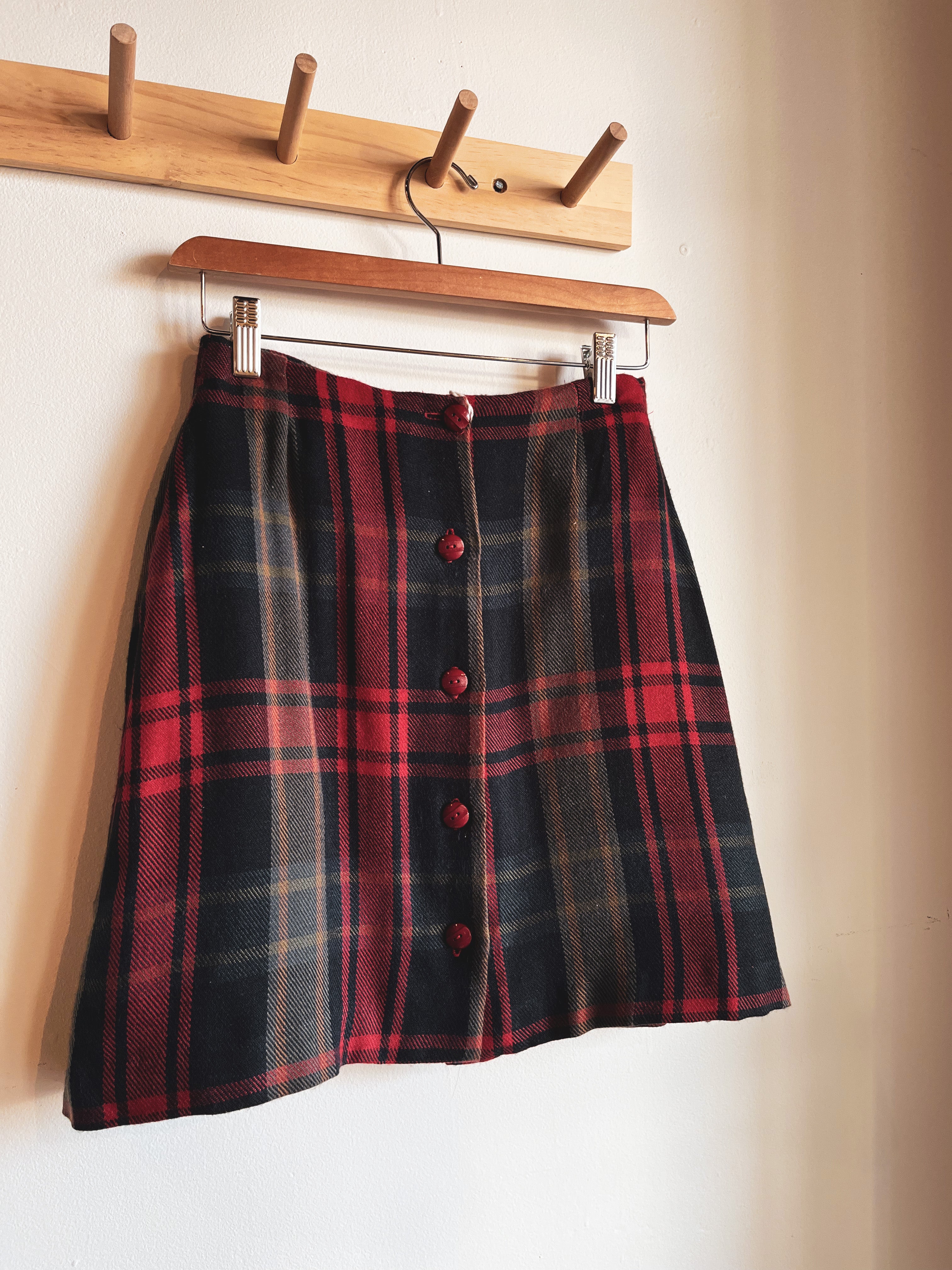 vintage red blue wool plaid mini skirt | S