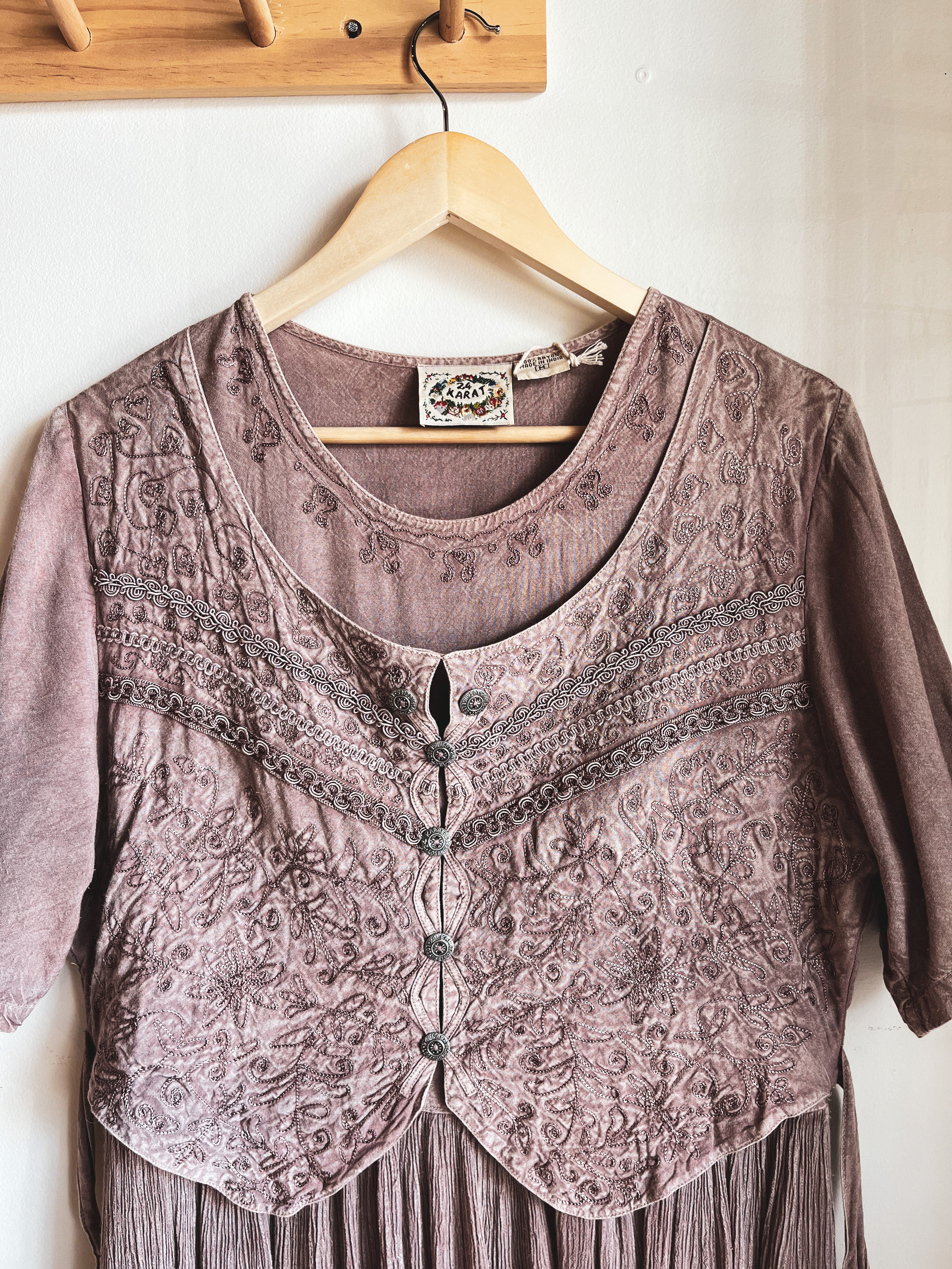 vintage mauve embroidered crepe dress | M