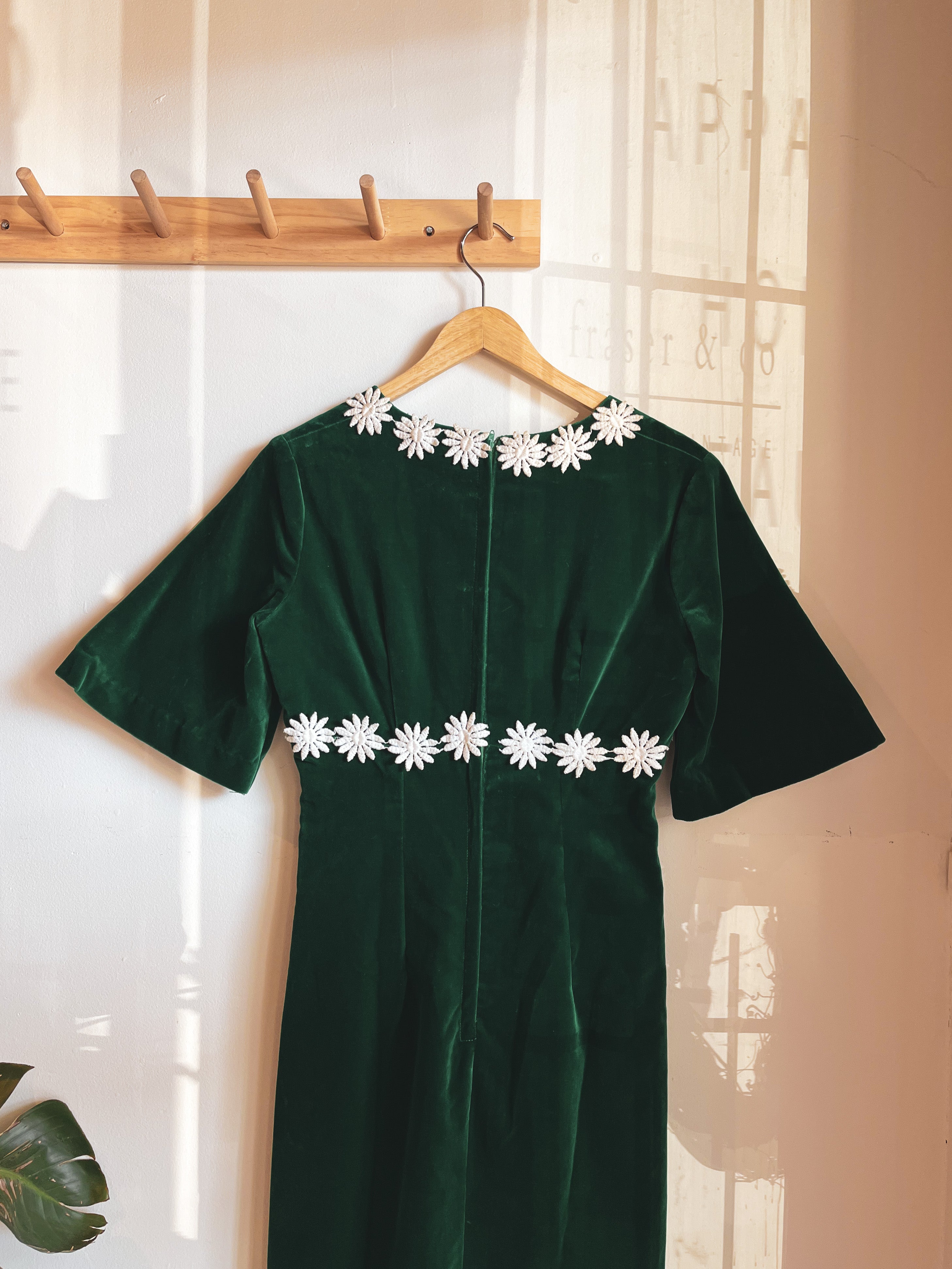 vintage green velvet floral applique maxi dress | S